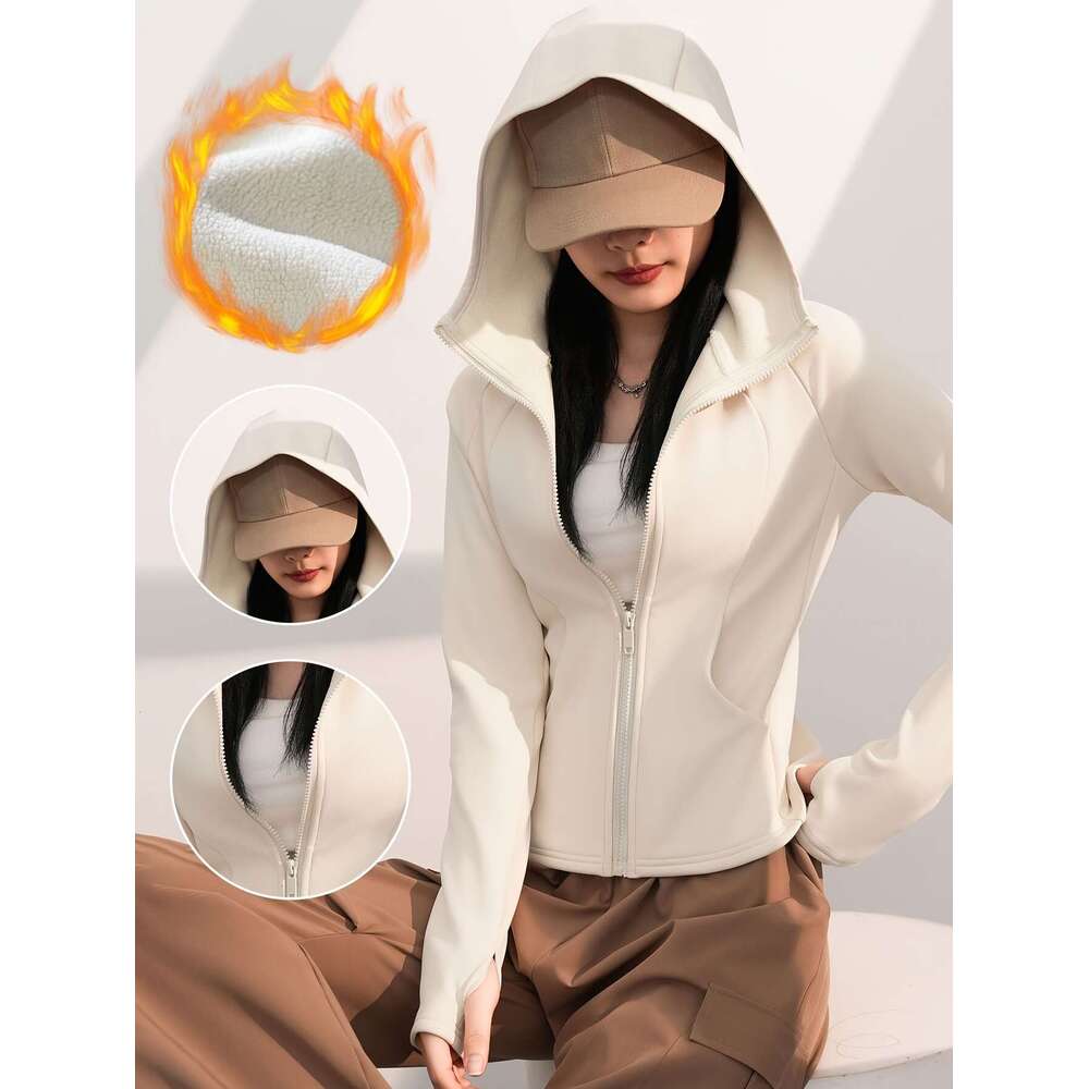 Women S Fleece Lined Zip Up Jacket Slim Fit Long Sleeve Warm Fall Winter With Pockets Thumbhole Casual Wear Hoodie Stylish Casualwear Durable Outerwea