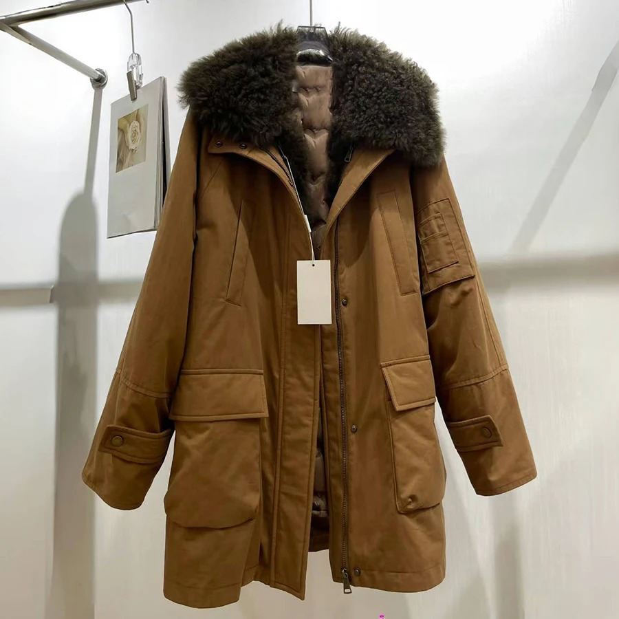 Womens MidLength Down Jacket With Lamb Fur Collar Sheepskin Jacket Natural Fur Puffer Jacket Selling Fur Jacket 251028