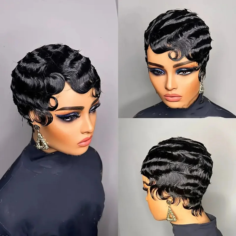 Short Finger Wave Wig Human Hair Wig For Women Brown Short Ocean Wave Wig Pixie Cut Wigs for Woman Natural Color 251106