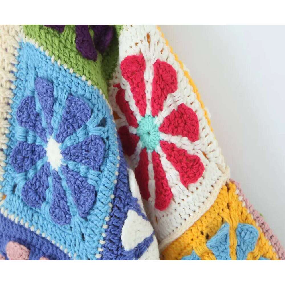 Holiday National Handmade Flower Crochet Knitted Cardigan Women Autumn Long Sleeve Retro Loose Splicing Sweater Jacket