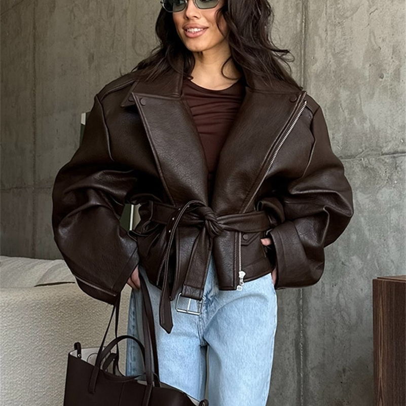 Women Chic Brown Leather Jacket With Belt Chic Long Sleeve Laple Zipper Short Coats 2025 Autumn Ladies Street Biker Jackets 251029