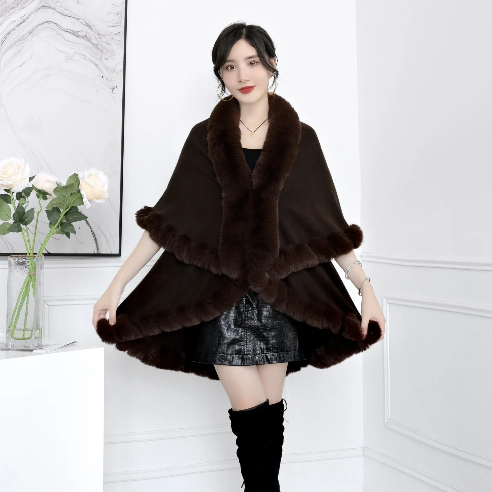 Women Cloak Coats Jackets Open Stitch Fur Collar Capes Coat Ponchos Y2k Streetwear Jacket Outerwear Elegant Autumn Winter 251029
