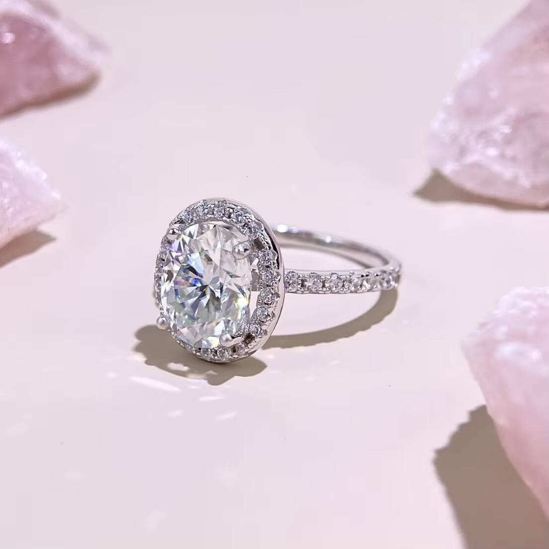 Luxury Wedding Jewelry White Gold Plated 925 Silver Single Huge Oval Cut 3ct Diamond Moissanite Halo Rings for Women