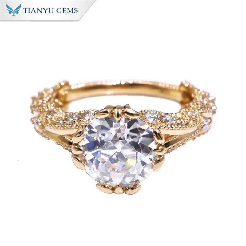 Tianyu Solid Gold 10K 14K 18K Silver 925 Custom Rings 3CTW Round OEC Moissanite Diamond Flower Pattern Engagement Ring