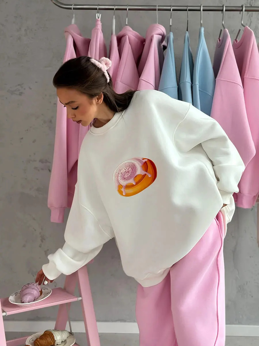Sumuyoo Cake Printed Pullover Womens Autumn Winter Plush Loose Slimming Long Sleeves Sweatshirts Oneck Pullover Hoodie 251030
