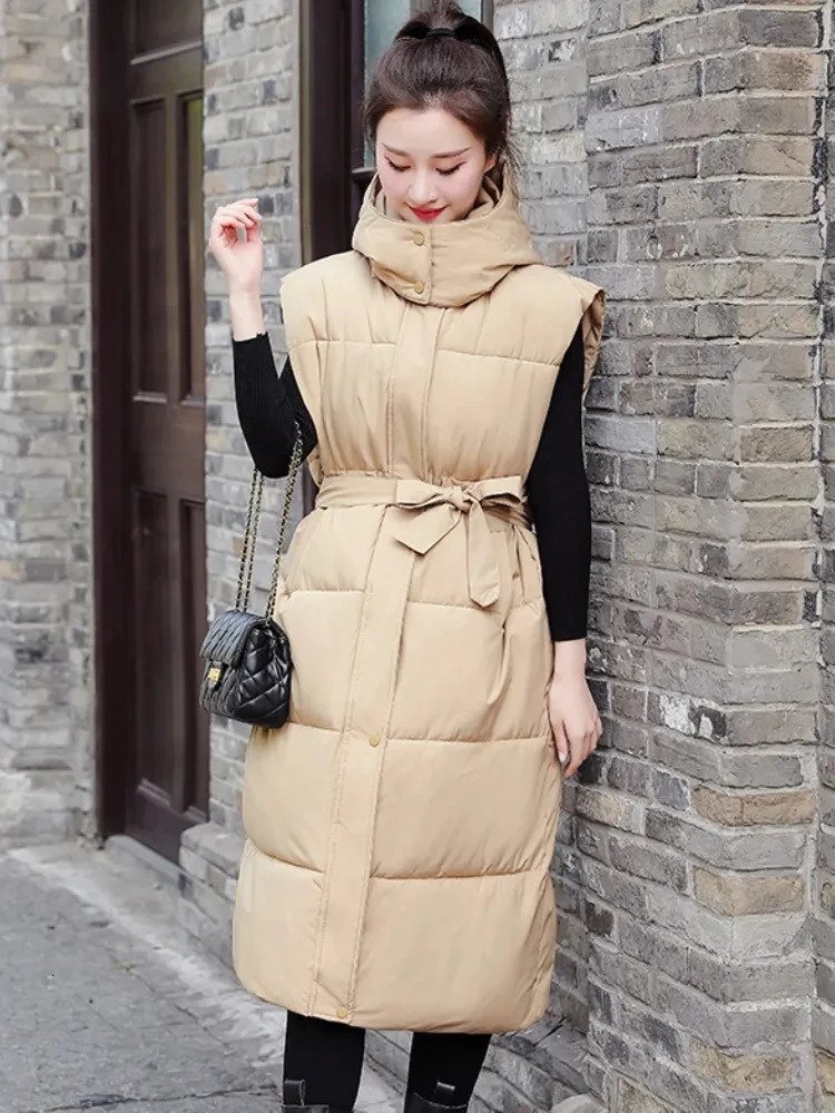 2025 Down Cotton Long Waistcoat Women Vest Jackets Warm Elegance Coats Winter Women Korean Laceup Sleeveless Puffer Jacket 251029