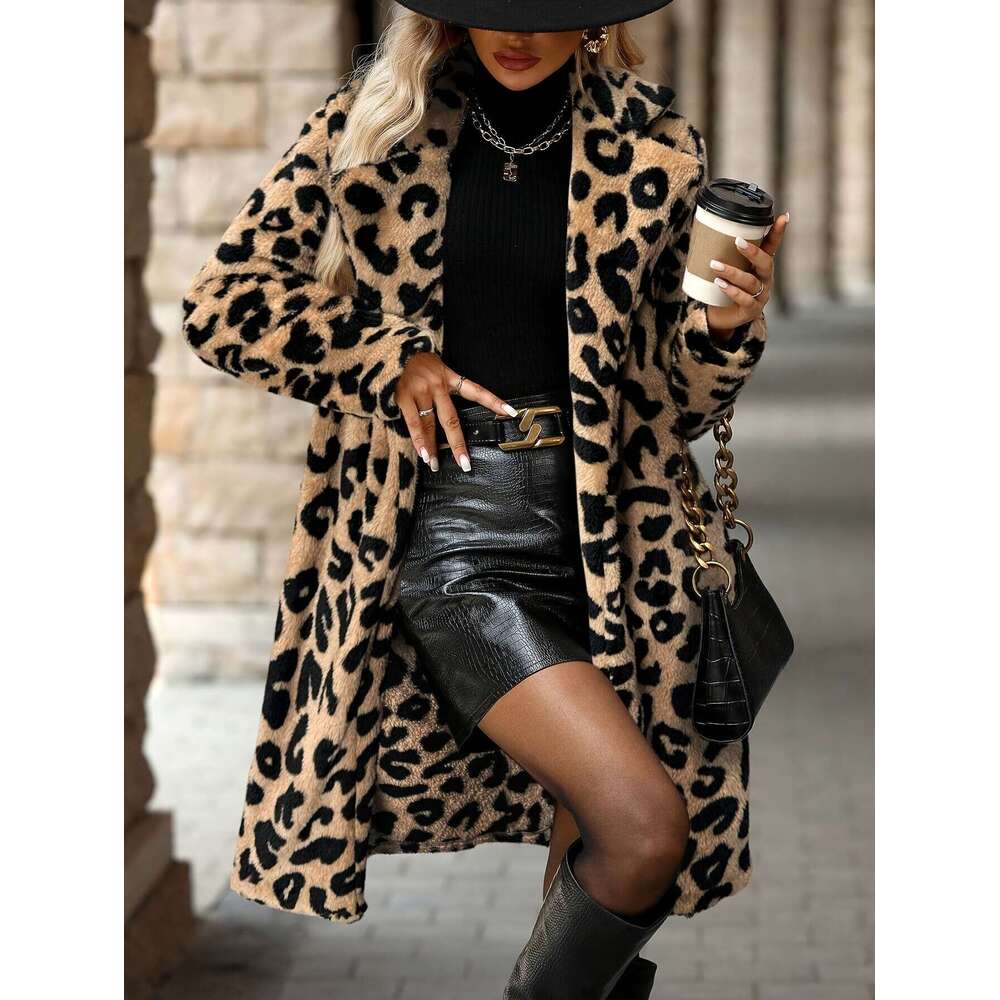 Leopard Print Coat Long Sleeve Loose Fit Jacket With Flip Collar Black Tan Animal Pattern Outerwear For Fall Winter Everyday Formal Outfits Women S