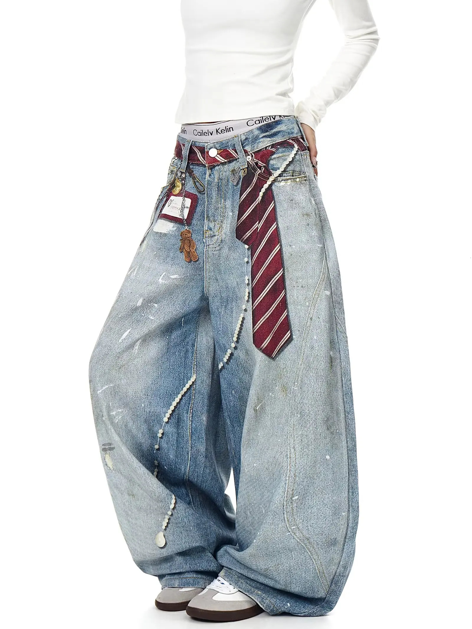 3D printed American retro straight leg wide leg jeans washed and worn high street jeans for women loose fitting Harajuku fashion 251029