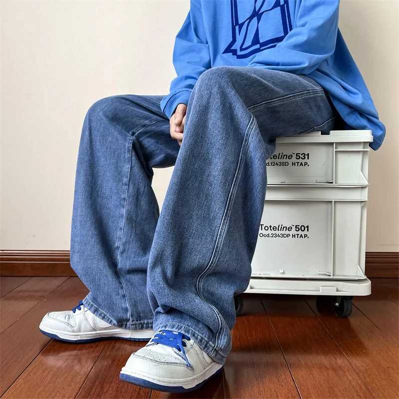 New Korean Fashion Mens Baggy Jeans High Street Man Straight Denim Wideleg Pants Hip Hop Bagy Light Blue Grey Black J251030