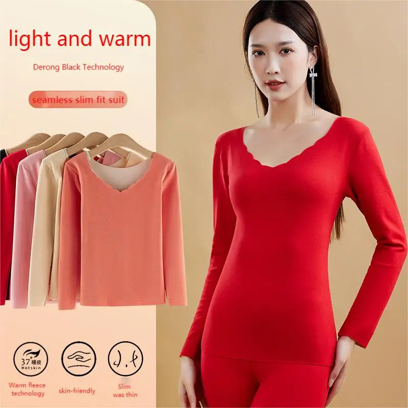 Womens Velvet Thermal Underwear Set Long Johns 2Piece Warm Lingerie Winter Clothes Solid Long Sleeve Trousers for Heat Retenti 251030