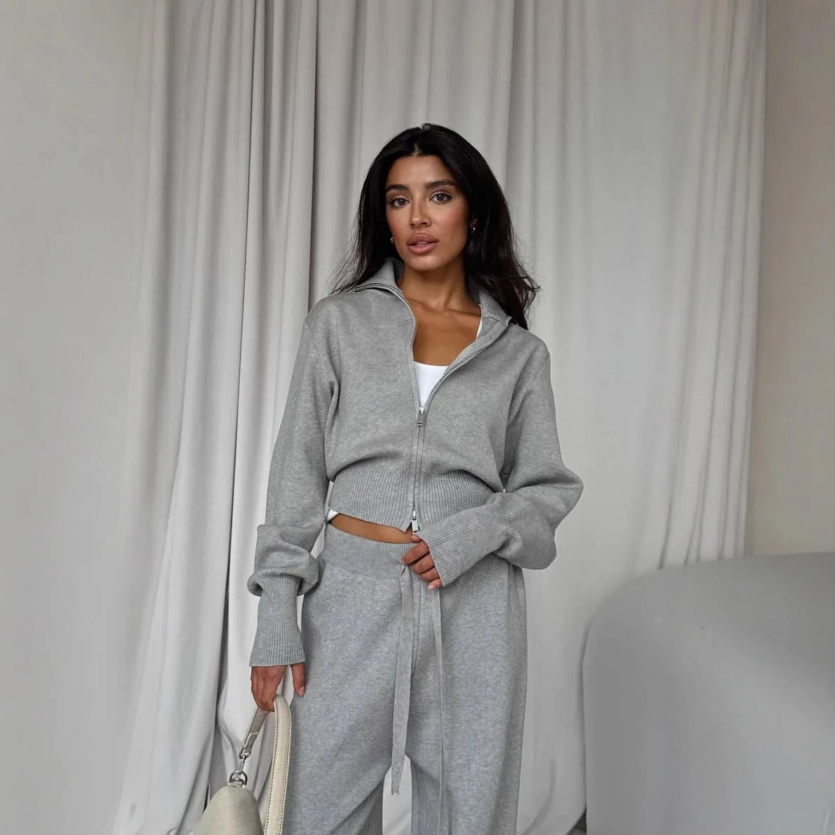 Simple Cotton Knitted Cardigan Wide Leg Pants Suit Autumn and Winter Women Fashion Loose Daily Office Jacket Straight Pants 2Pc 251029