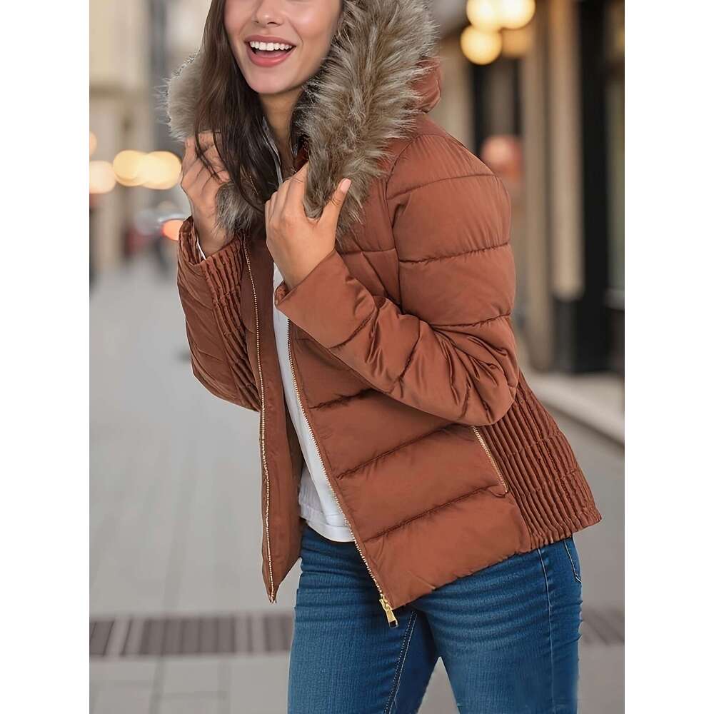 Women S Lightweight Quilted Hooded Jacket With Detachable Faux Fur Hood Golden Metal Zipper Side Gathers Hine Washable Regular Fit Coat For Fall Winte