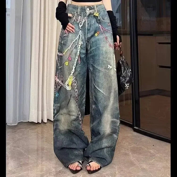 High Waist Straight Leg Jeans Womens Chain Print 3D Floral Casual Fashionable Floor Length Trousers 251029