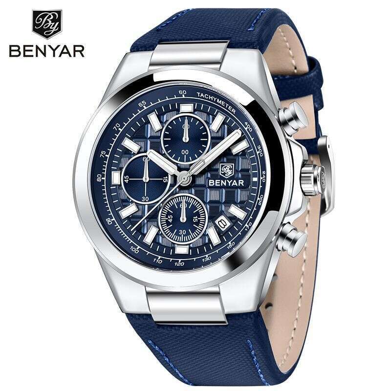 benyar new luminous multifunctional chronograph leather strap mens quartz wristwatch by5206