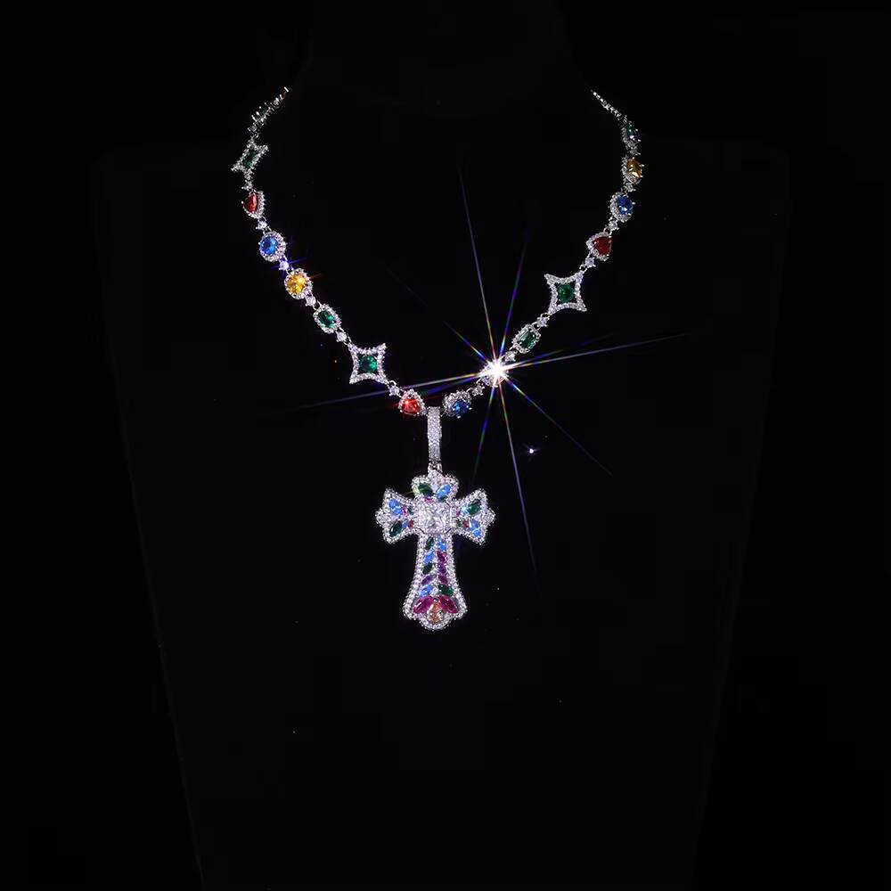 NUOYA Iced Out Colorful Cross Pendant Necklace Gold Plated Large Baguette moissanite Diamonds Custom Charm Design Hip Hop Jewelry Designer's styl