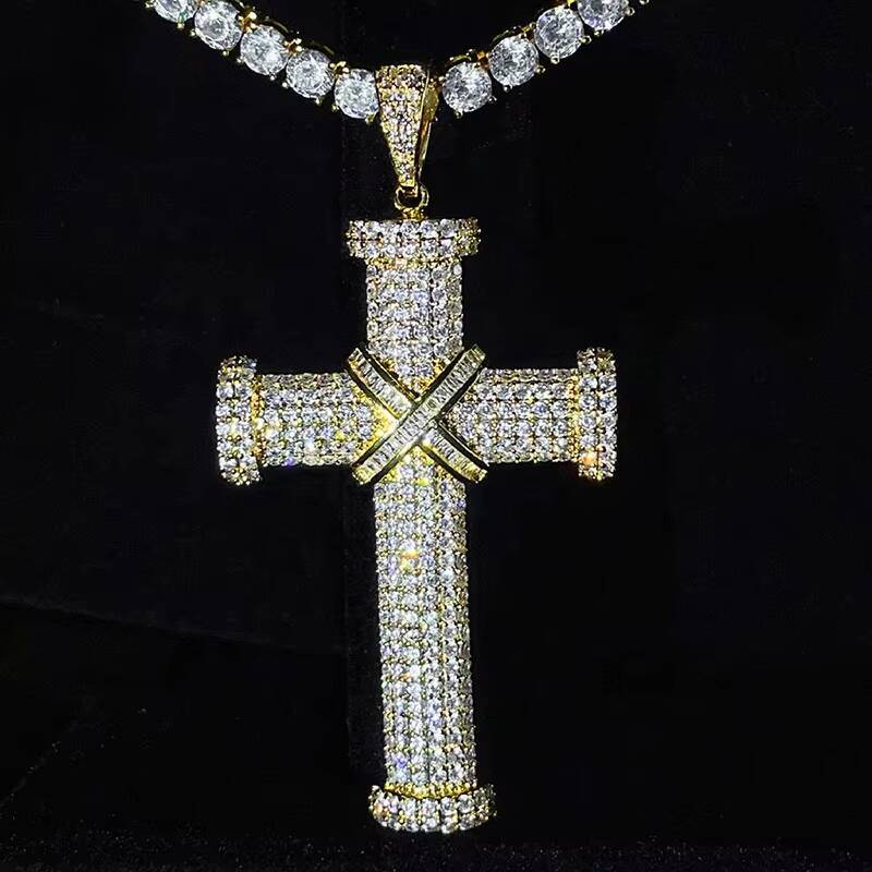 Christian Hip Hop Jewelry Pass Diamond Tester Bling Iced Out D Color Baguette VVS Moissanite Large Cross Pendant for Chain Men