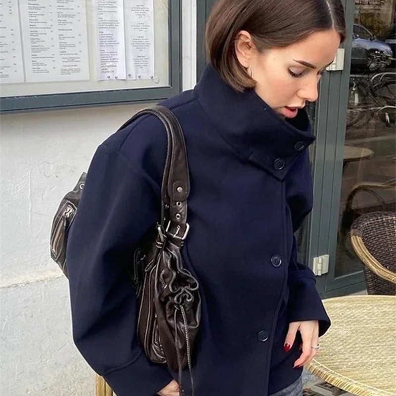 Woolen Dark Blue Jacket Women 2025 Autumn Single Breasted Stand Collar Loose Female Coat Office Lady Street Short Outwear Tops 251029