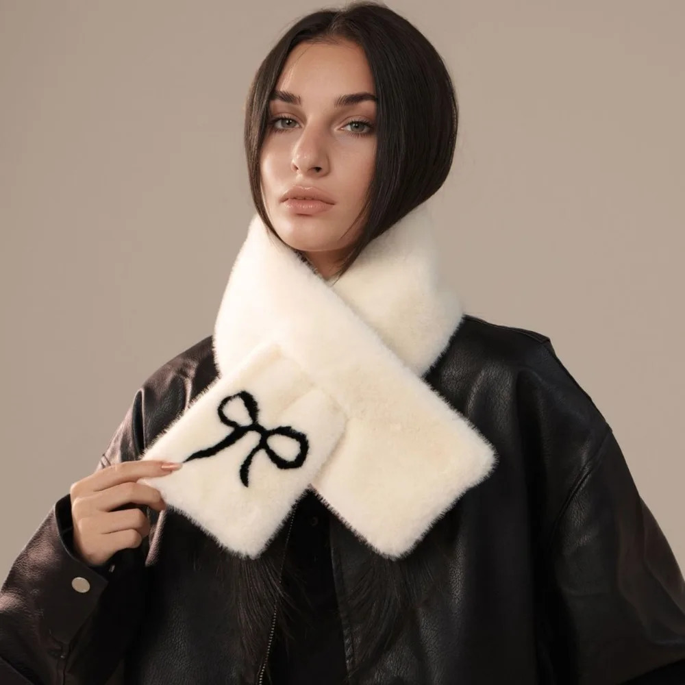 Christmas Gifts Fashion Bow Plush Fur Scarf Faux Rabbit Fur Plush Thicken Neck Scarf Cold Protection Soft Cross Scarf Women 251023