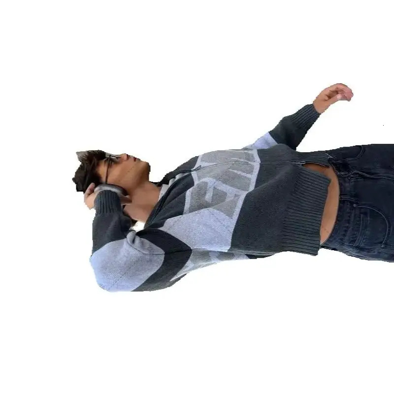 Y2K Trendy High Street Harajuku Zipper Sweater Men American Retro Streetwear 2025 Autumn and Winter Warm Knitted Cardigan Women 251029