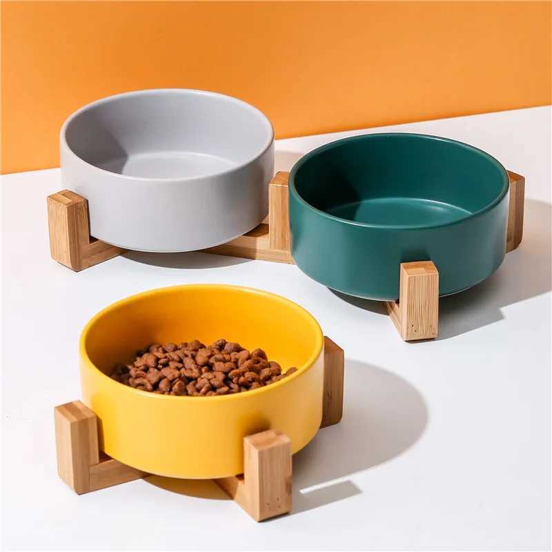 Elevated Dual Ceramic Pet Bowl SetWooden Stand with Integrated Food Water DishesAntiNeck Strain Design for Cats Small dogs J251113