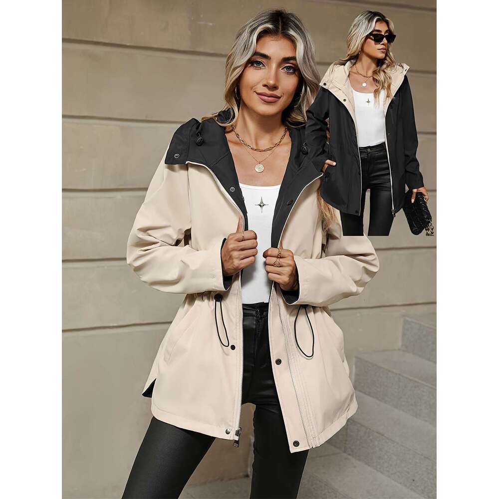 Long Sleeve Double Sided Drawstring Waist Hooded Jacket With Zip Up Button Front And Pocket Casual Women S Clothing