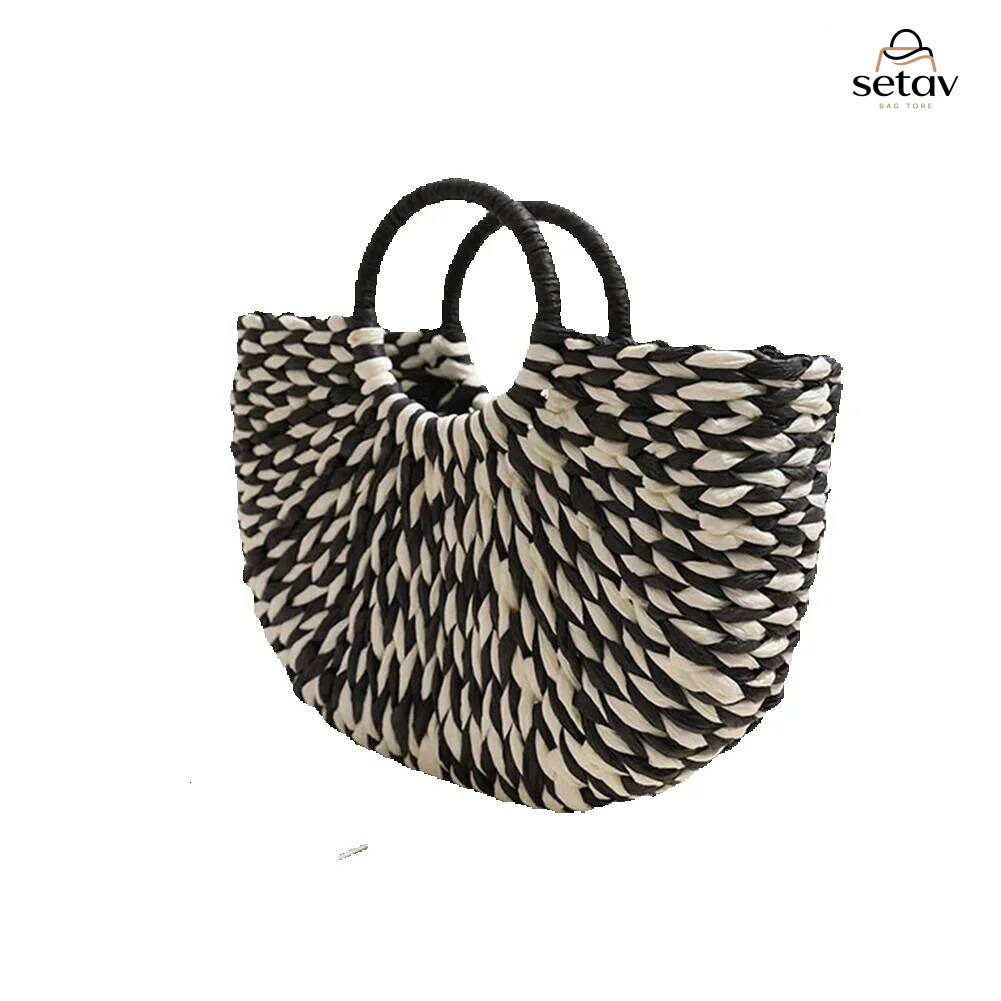 Luxury Handbag Women Straw Tote Large Capacity Half-Round Color Clash Semicircle Weaving Bag Summer Beach Handbag Handbag