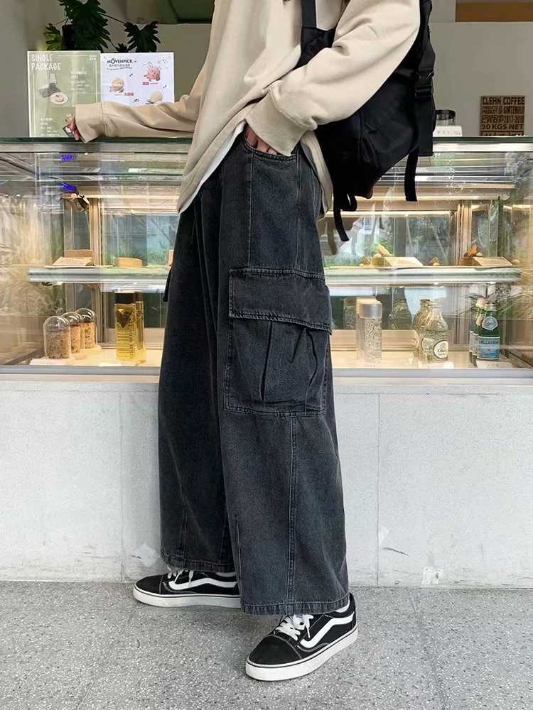Baggy Jeans Mens Oversize Streetwear Fashion Wide Leg Cargo Pants Hip Hop Harajuku MultiPocket Denim Trousers Black Blue J251030