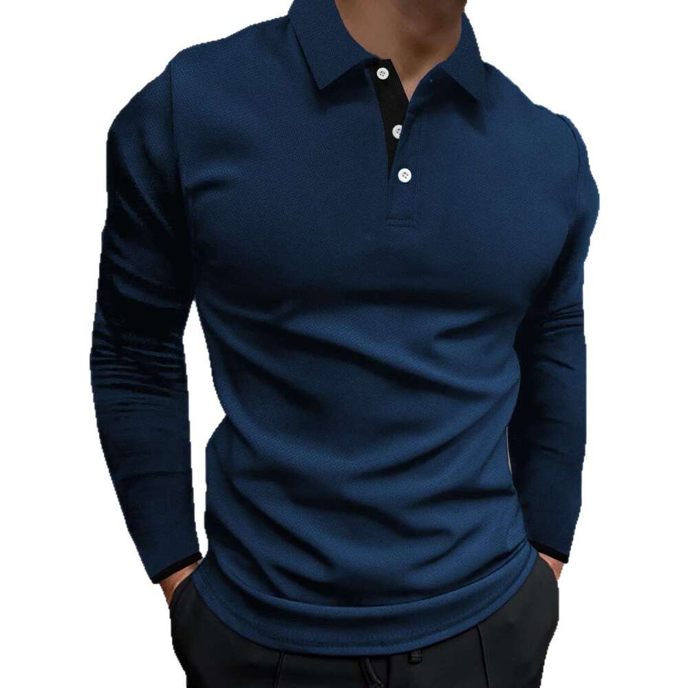 European Size Men's Autumn Sports Fitness Casual Stand Collar Stretch Vertical Stripe Long Sleeve Polo Shirt