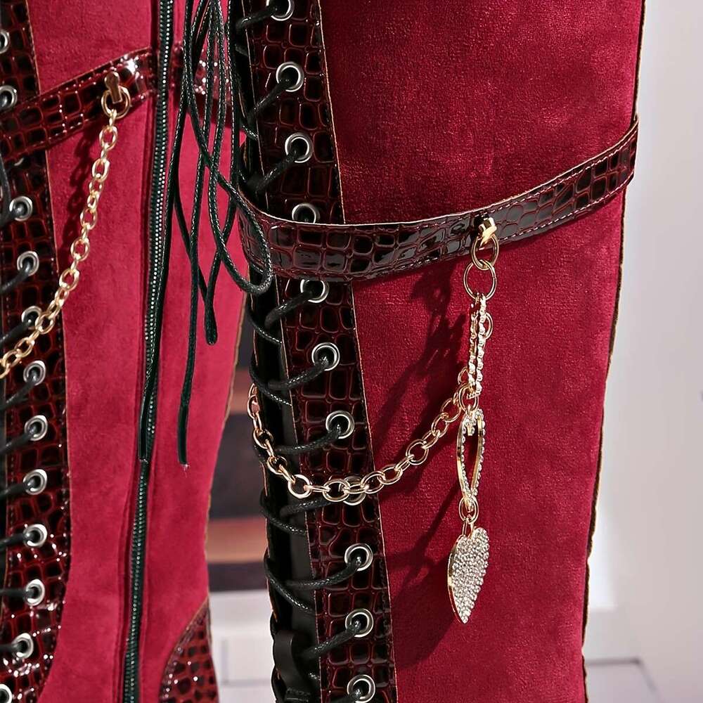 Women's Winter New Solid Color Patchwork Lace-Up Heart Metal Chain Side Zipper Chunky Heel Knee-High Boots, Fashionable Versatile Casual High-Hee