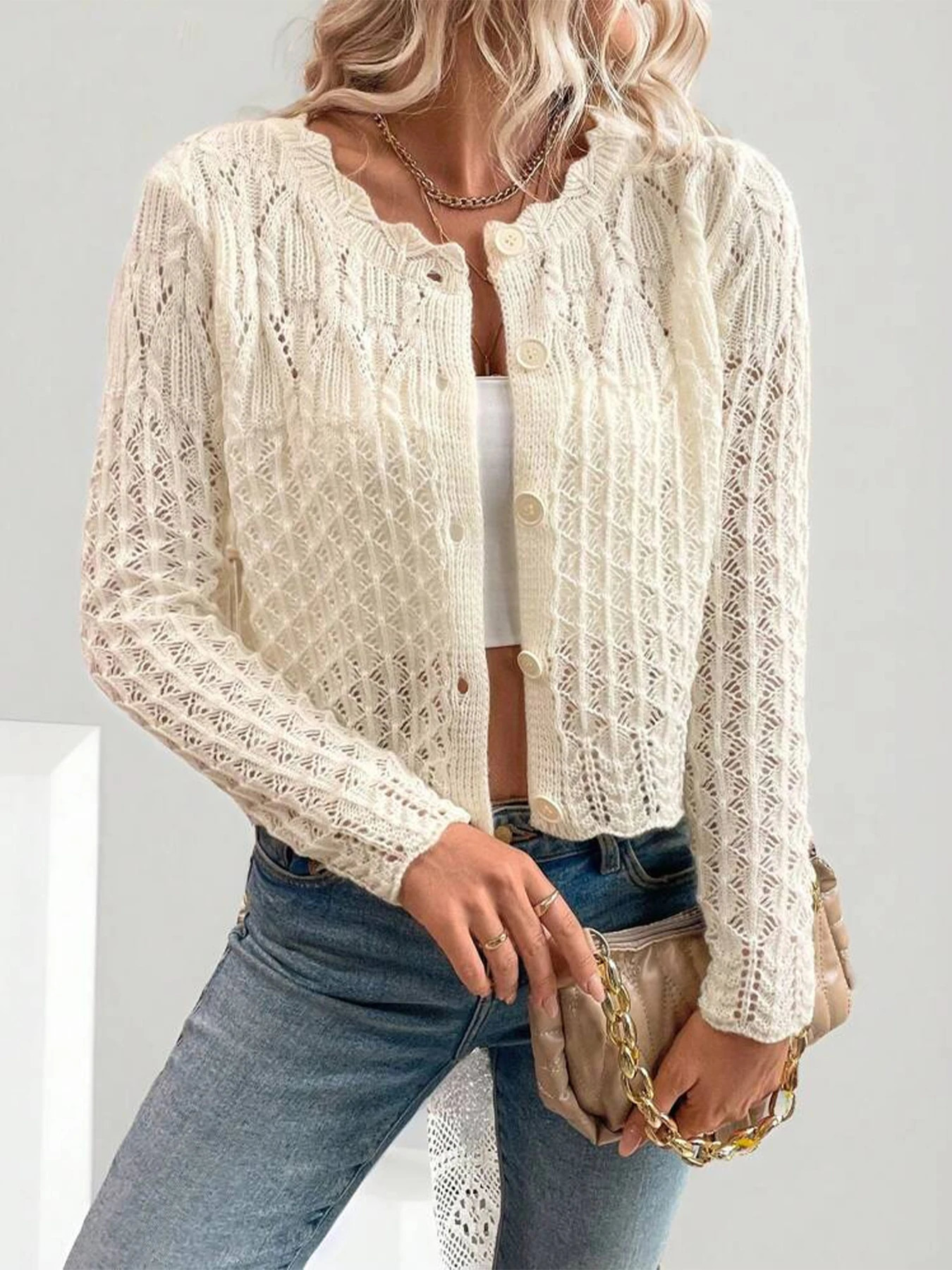 Spring and Autumn Womens Elegant Solid Color Round Neck Hollow Button Front Cardigan Sweater 251029