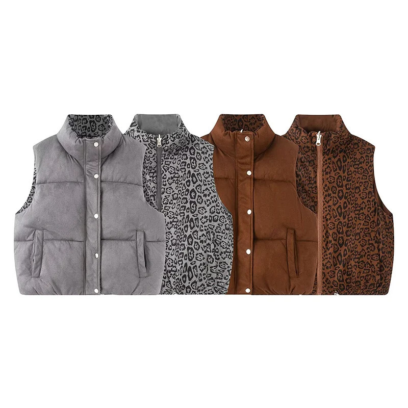 Autumn Winter Women Vest Fashion Wear On Both Sides Vintage Leopard Print Down Vests Coats Casual High Street Waistcoat Tops 251024