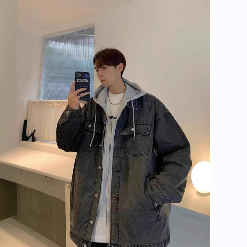 Stylish Designer Coat Denim Jacket For Men Spring And Autumn Trendy Brand Ins Style Hooded Loose Fit Versatile Coat Trendy Korean Version Fake Two-pie