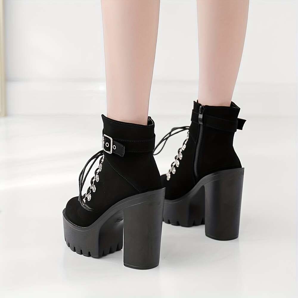 Women's Platform Block High Heels Boots, Black Round Toe Lace Up Ankle Buckle Strap Pumps, Fashion Party Motorcycle Short Boots