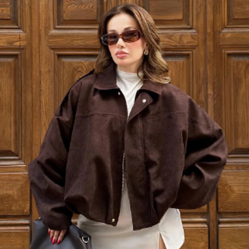 HXAO Suede Bomber Jacket Woman Green Khaki Outerwears Womens Spring Crop Oversize Long Sleeve Coats Fashion 251028