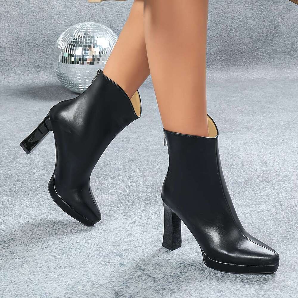 Ultra High Heels, High Quality Platform, Small Square Toe, High-Heeled With Back Zipper, Black Midsole Boots, Thick Heel, Winter Short Boots For Women