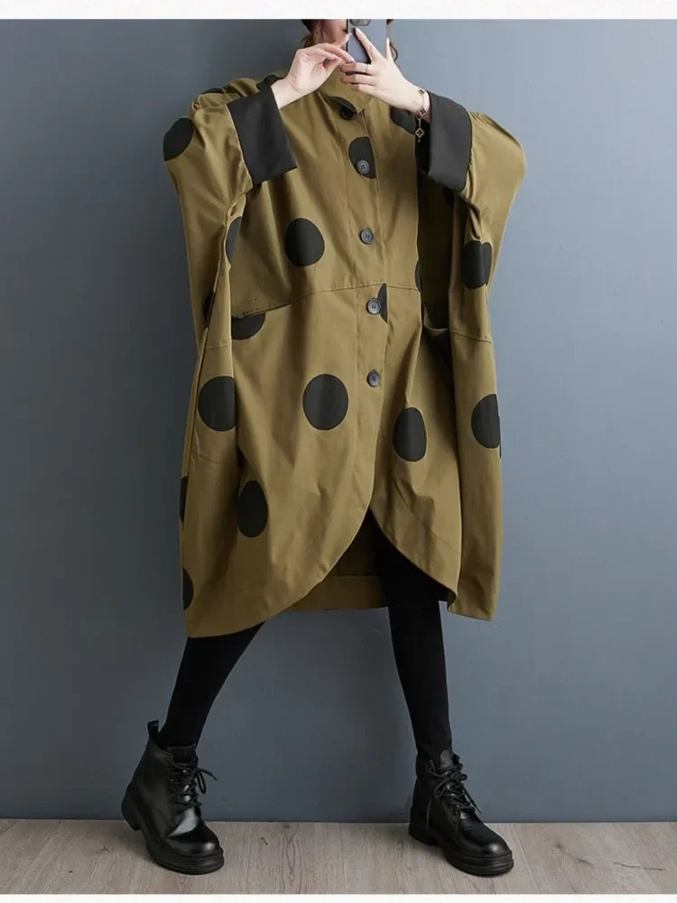 Oversized Polka Dot Trench Coat Women Vintage Autumn Loose Ladies Outwear Casual Trench Coats Fashion Woman Long Jacket Coat 251030