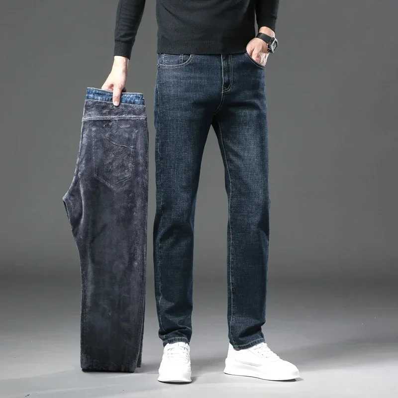 Winter Thickened Warm Male Plush Trousers Brand Clothes Mens Fleece Jeans Straight Slim Stretch Fashion Business Denim Pants J251030