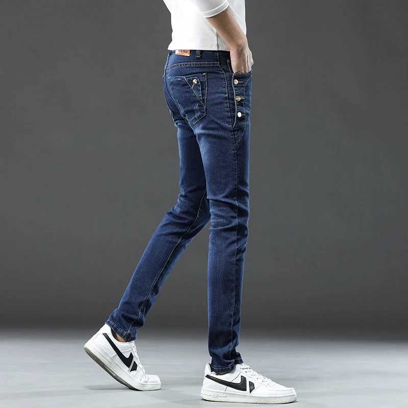 New Men Slim Korean Button Jeans Black Skinny Solid Color Stretch Multibutton Youth Male Denim Pants Streetwear J251030