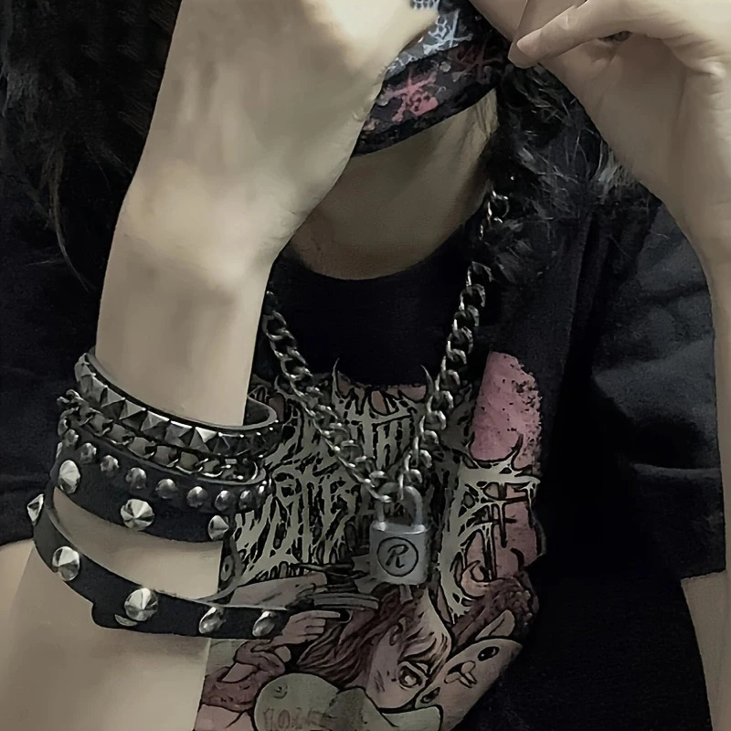 Halloween Punk Gothic Pu Leather Bracelet Set For Men And Women Neutral Y2k Rivet Bracelet Rock Festival Party Gift 251028