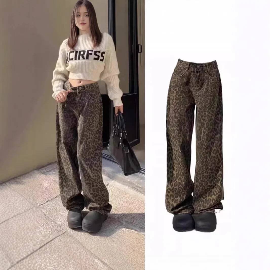 winter jacket women Retro Leopard Print High Waist Wide Leg Jeans Women's Spring Autumn New Loose Extended Straight Floor-Length Trendy Pants