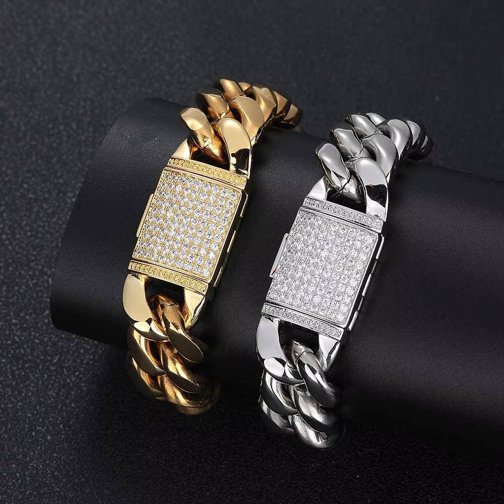 NUOYA Hip Hop Jewelry 18mm Stainless Steel Curb Cuban Link Chain Brass moissanite Clasp 18k Gold Plated Miami Cuban Link Bracelet Designer's styl