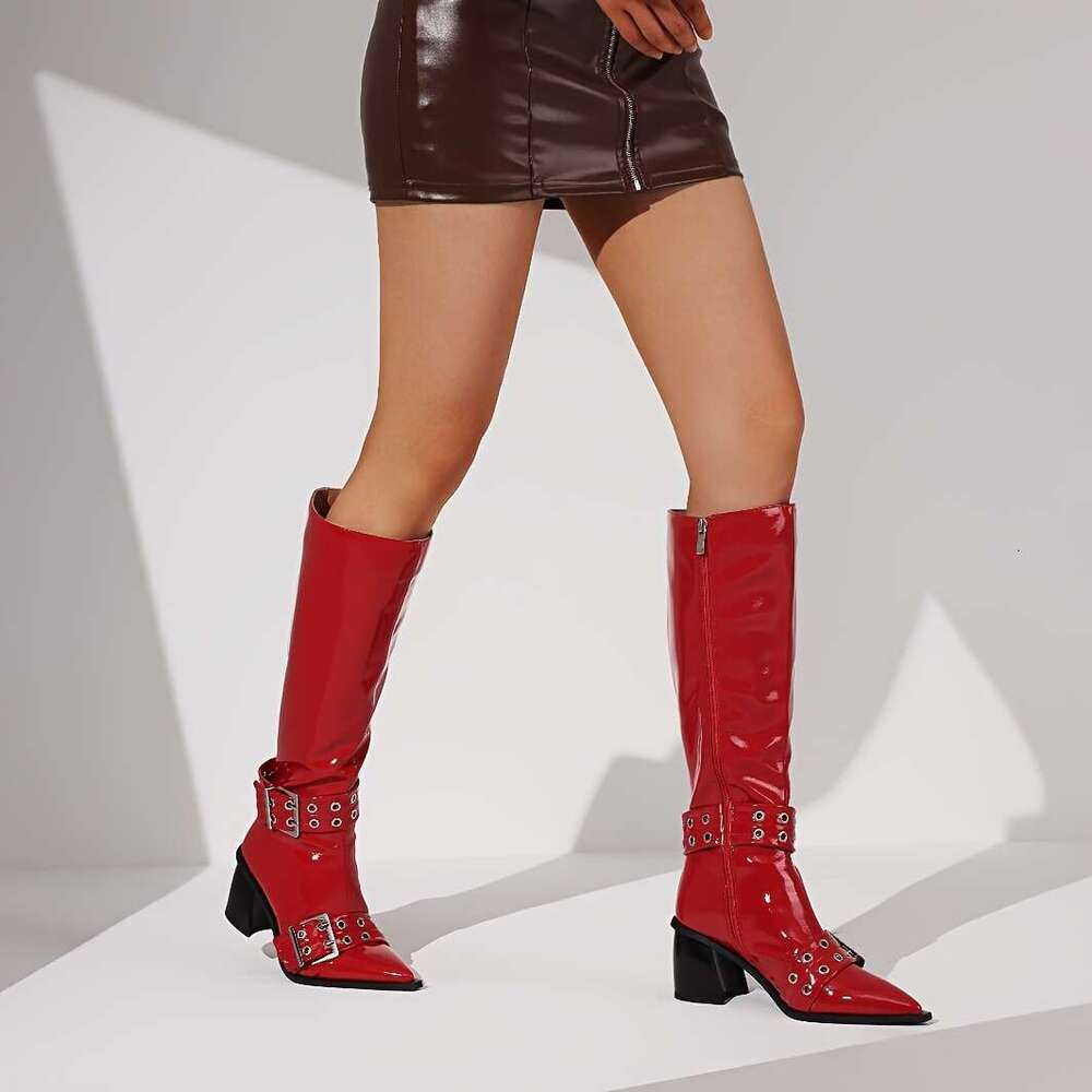 Women's Retro Pointed Toe Chunky Mid-Calf - Glossy Black PU Cover, All-Season Versatile Ankle With Rubber Sole For Casual & Formal Outfits, Allse