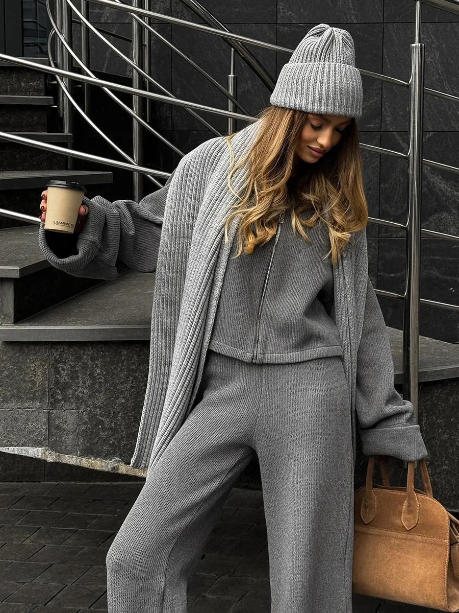 Blubelle Womens Autumn Winter Zip Up Jacket Wide Leg Pants Set Soft Knit Long Sleeve Loose Casual Knitted Sweater Set 251029