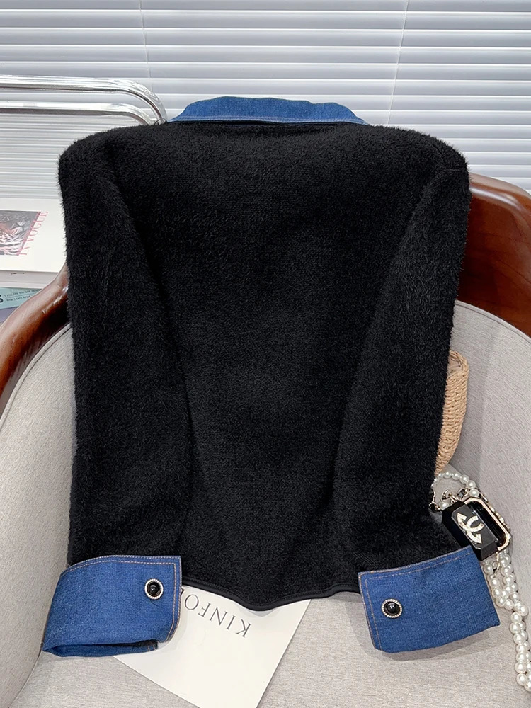 Aoaiiys Contrast Color Cardigan Women Turndown Collar Long Sleeve Coat Denim Spliced Knitted Cardigan Coats Autumn Winter 251029