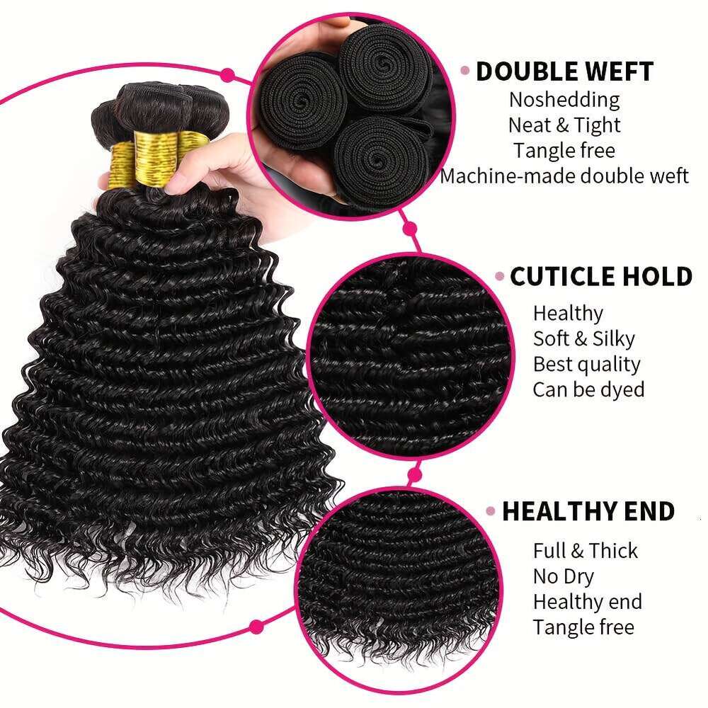 Brazilian Virgin Human Hair Deep Wave Bundles With 13X4 Transparent Lace Frontal Closure