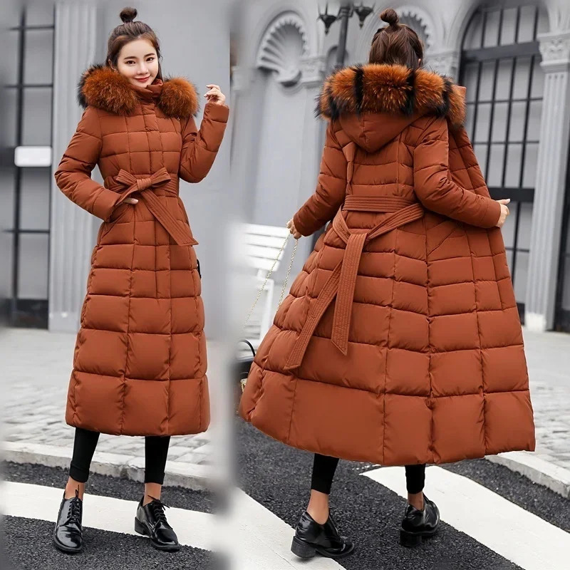 2025 Winter Womens Jacket Warm Fashion Comfortable Bow Belt Fox Fur Collar Clothes Long Dress Office Casual Womens Thick Coat 251030