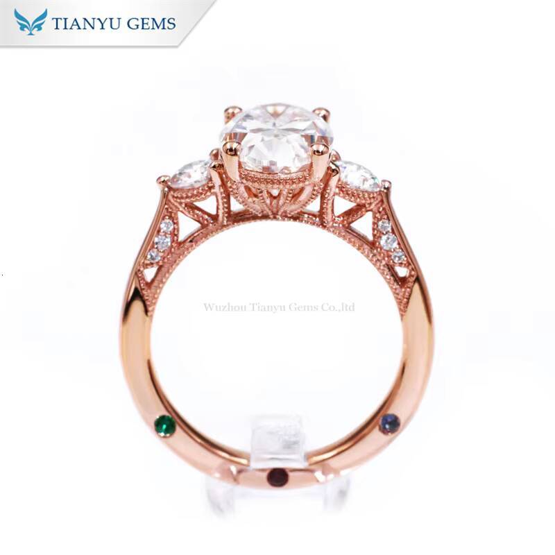 Tianyu Gems Custom Made 710mm 25ct Oval Cut DEF VVS1 Moissanite 18k Rose Gold and Lab Sapphire Fashion Jewelry Rings for Girls