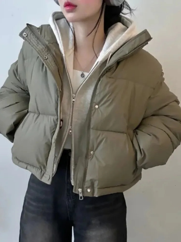 Chic Winter ort PU Protein Leather Zipper Stand Collar Womens Bread Sle Coat Pure Color Korean Version Loose Fit Cotton 251030