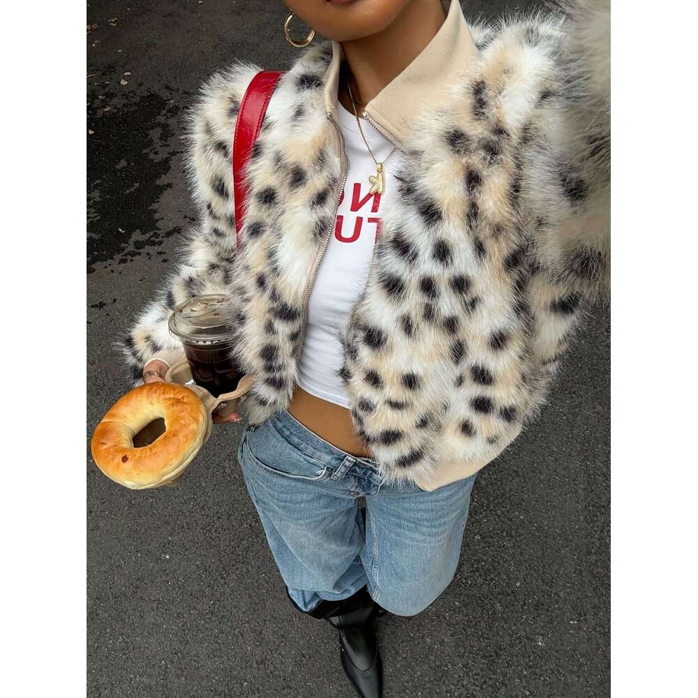 Women S Real Fur Like Faux Jacket With White Collar Leopard Print Winter Coat Belted Waist No Stretch For Fall Winter Warmth Casual Dressy Outerwear H