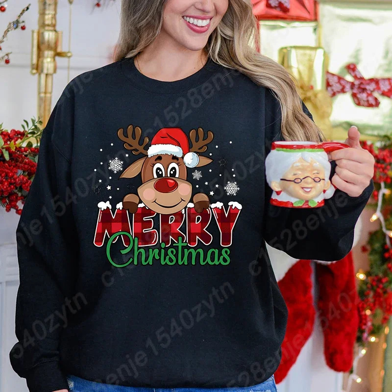 Womens Festive Christmas Reindeer Plaid Graphic Sweatshirt Casual Loose Fit Long Sleeve Crew Neck Sweatshirts for Winter 251030